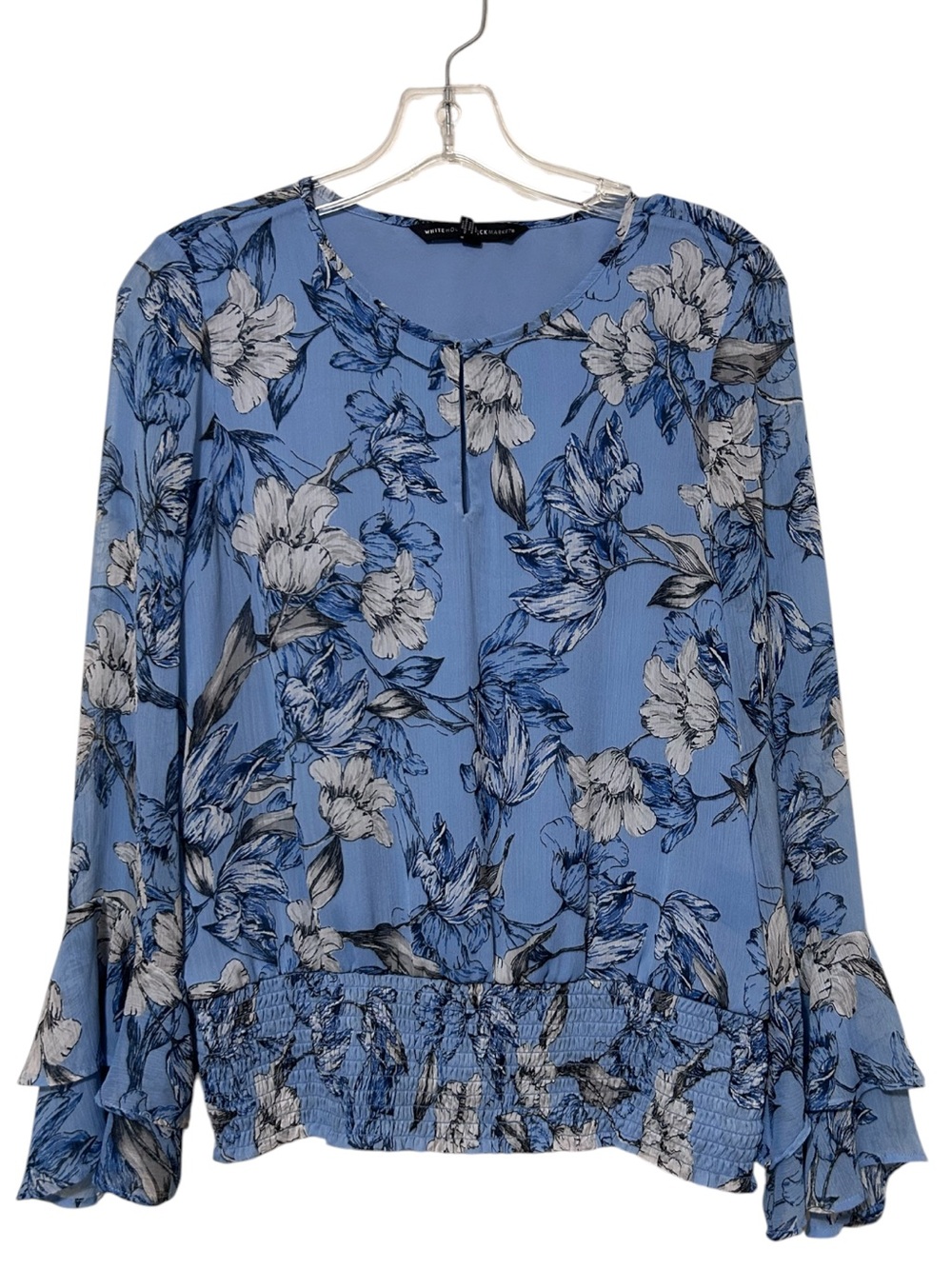 WHBM Medium Blue Floral Chiffon Blouse Tiered Bell Sleeve Smocked Waist Keyhole
